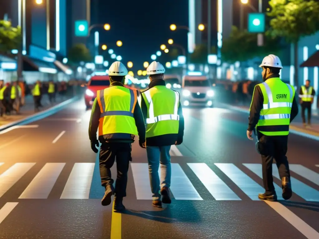 Vista nocturna de ciudad con personas usando chalecos reflectantes, resaltando la importancia de la seguridad vial