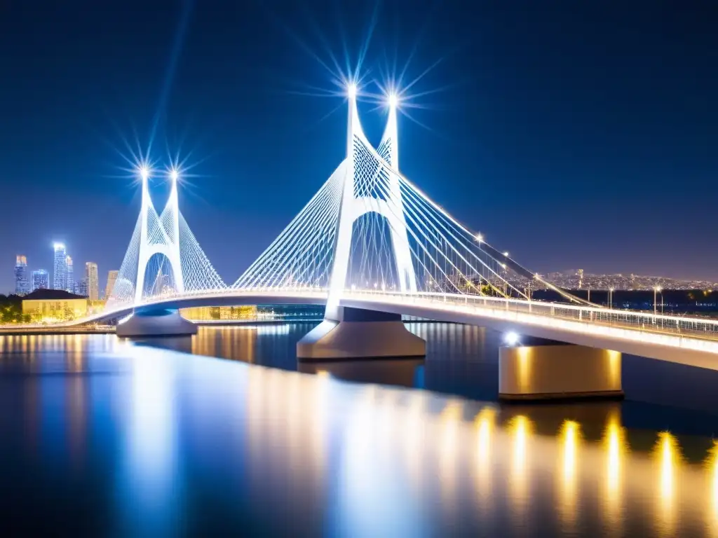 Vista nocturna impactante de un puente moderno iluminado con luces LED eficientes, resaltando su diseño elegante