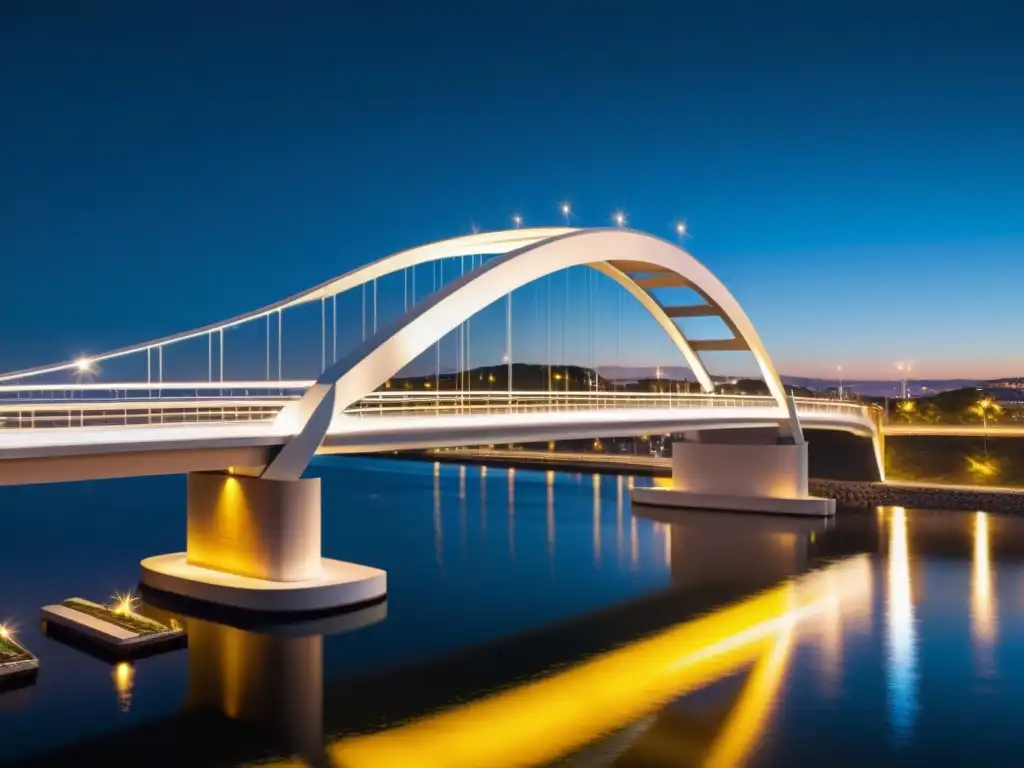 Vista nocturna de un moderno puente iluminado resaltando la importancia de la iluminación en infraestructuras de transporte