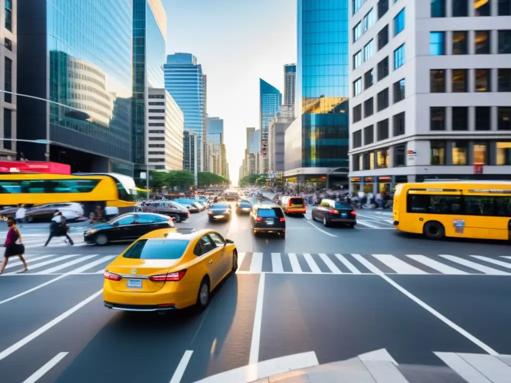 Vista panorámica de la ajetreada intersección de una ciudad, con tráfico vehicular, peatones y ciclistas