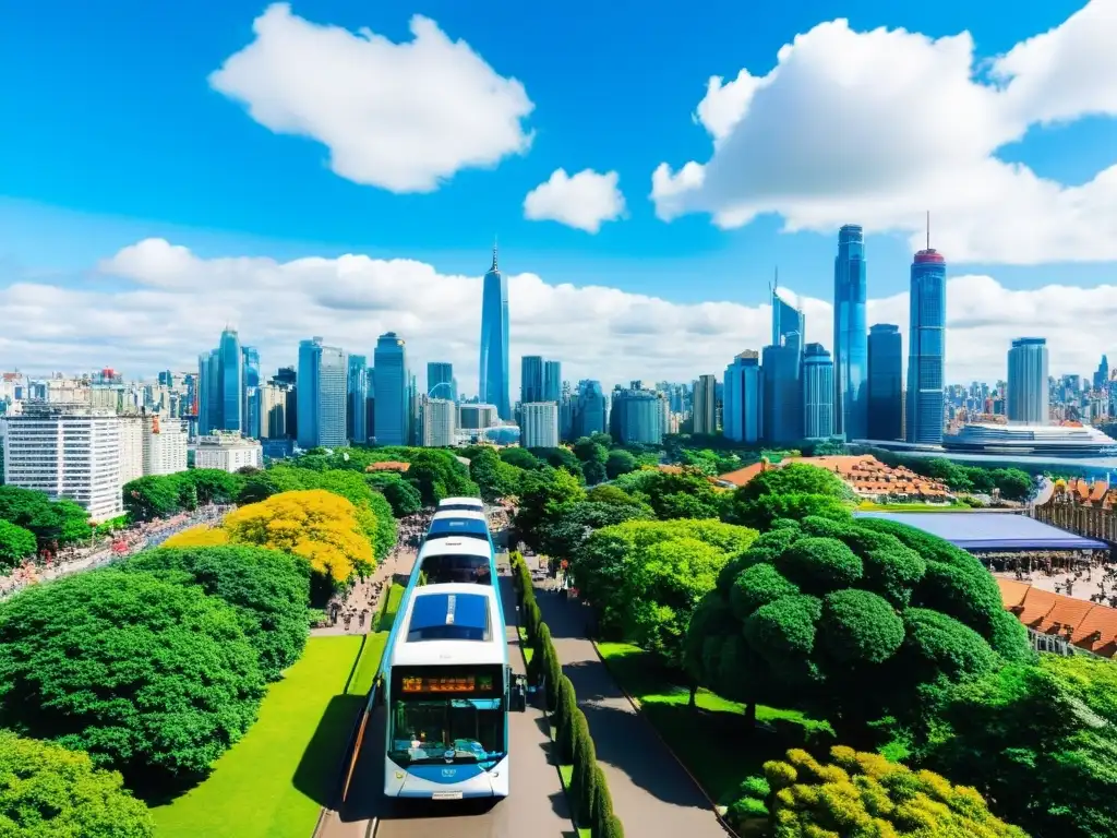 Vista panorámica desde un autobús turístico de dos pisos, mostrando una ciudad bulliciosa con rascacielos y lugares históricos