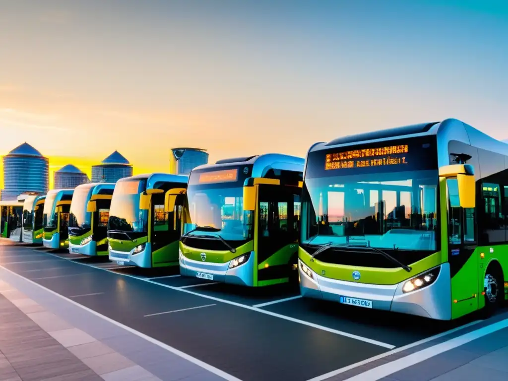 Vista panorámica de autobuses con tecnología EURO VI en terminal urbana futurista al atardecer, destacando la sostenibilidad y modernidad de la ciudad