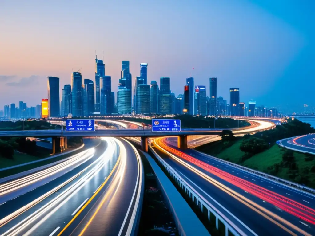 Vista panorámica de una bulliciosa autopista internacional al anochecer, con señales viales en varios idiomas