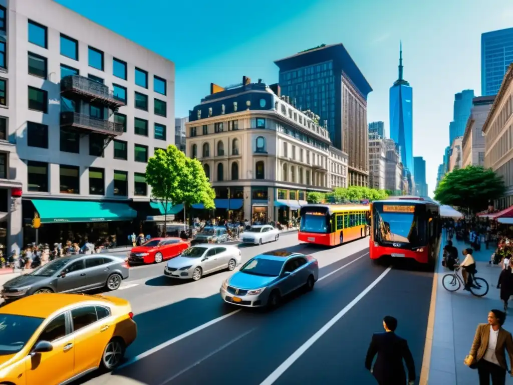 Vista panorámica de una bulliciosa calle de la ciudad, con diversos medios de transporte y su impacto ambiental