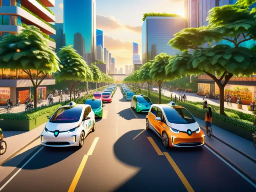 Escena urbana ecoamigable en la hora dorada Vista panorámica de una bulliciosa calle urbana con plataformas de ride sharing ecológico, bicicletas y arquitectura moderna rodeada de vegetación exuberante
