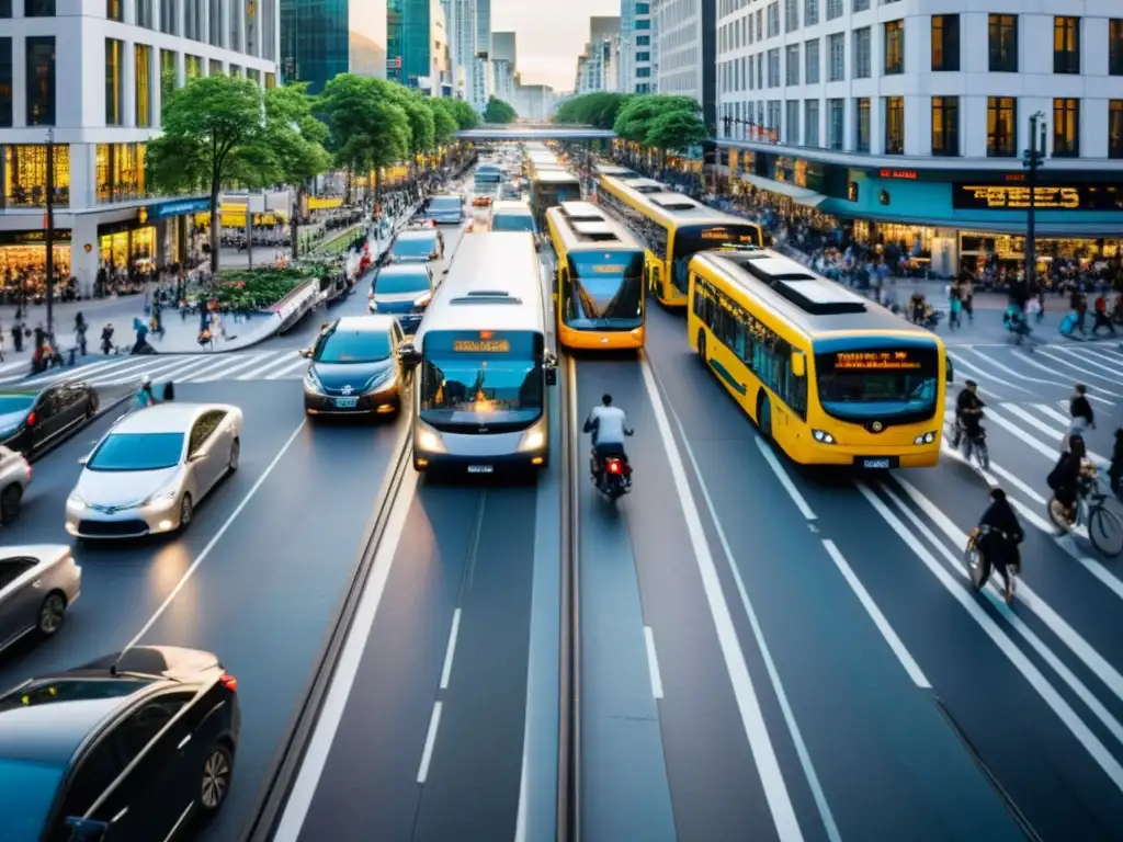 Vista panorámica de una bulliciosa calle urbana con diversos medios de transporte y peatones, destacando la gestión de riesgos en transporte urbano