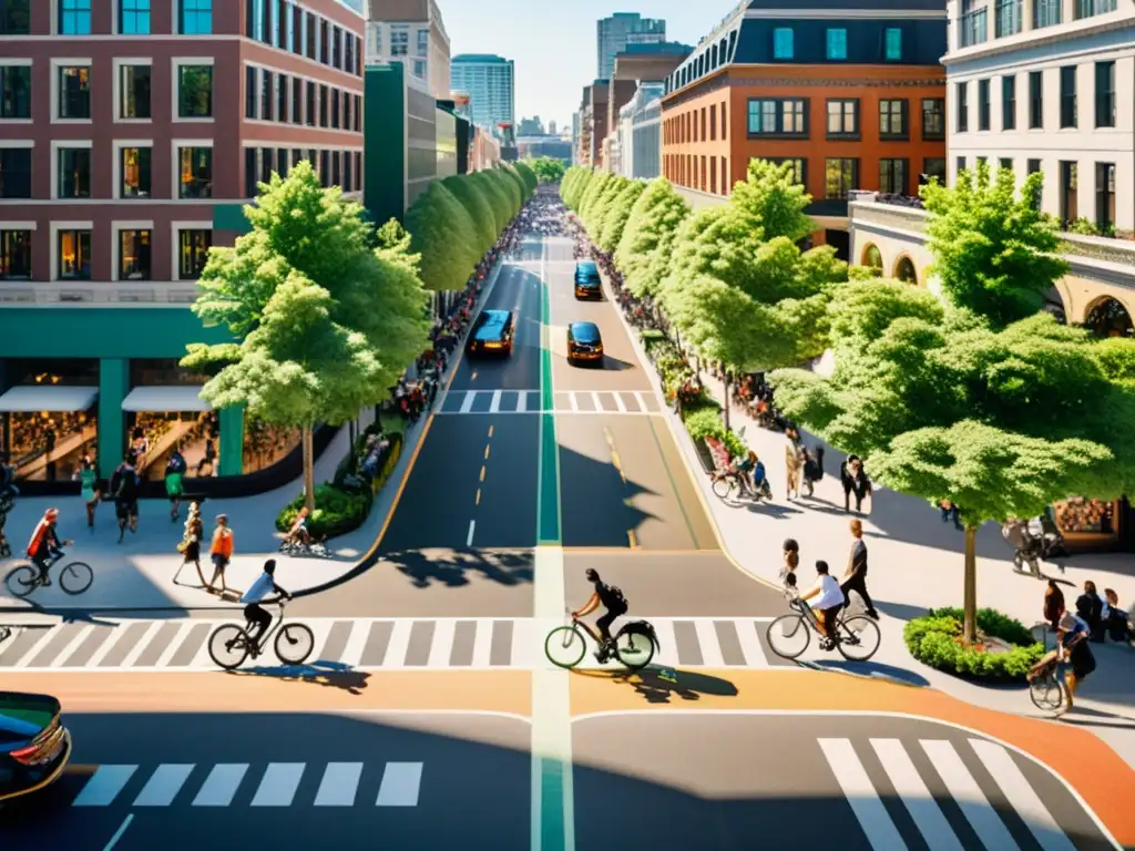 Vista panorámica de una bulliciosa calle urbana con paseos peatonales, carriles para bicicletas y espacios verdes, ideal para recorrer a pie