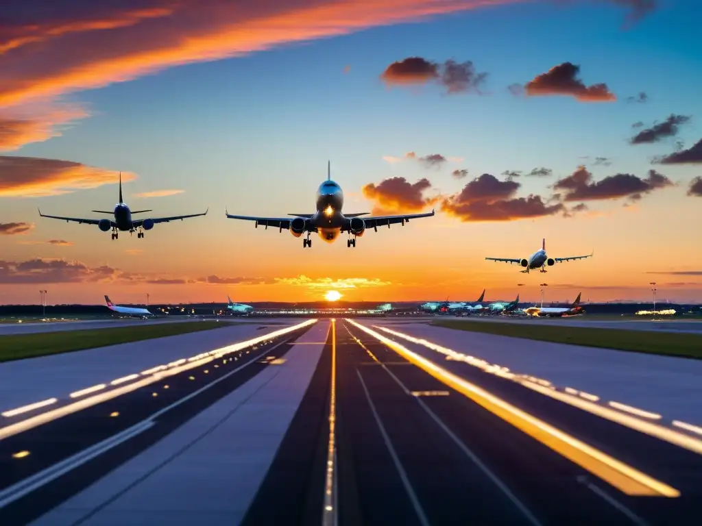 Vista panorámica de un bullicioso aeropuerto al atardecer con aviones despegando y aterrizando, ilustrando las normativas CORSIA aviación sostenible