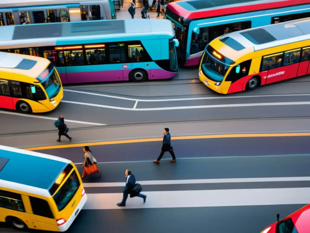 Vista panorámica de un bullicioso centro de transporte urbano, con aplicaciones para viajes multimodales integrados de manera dinámica