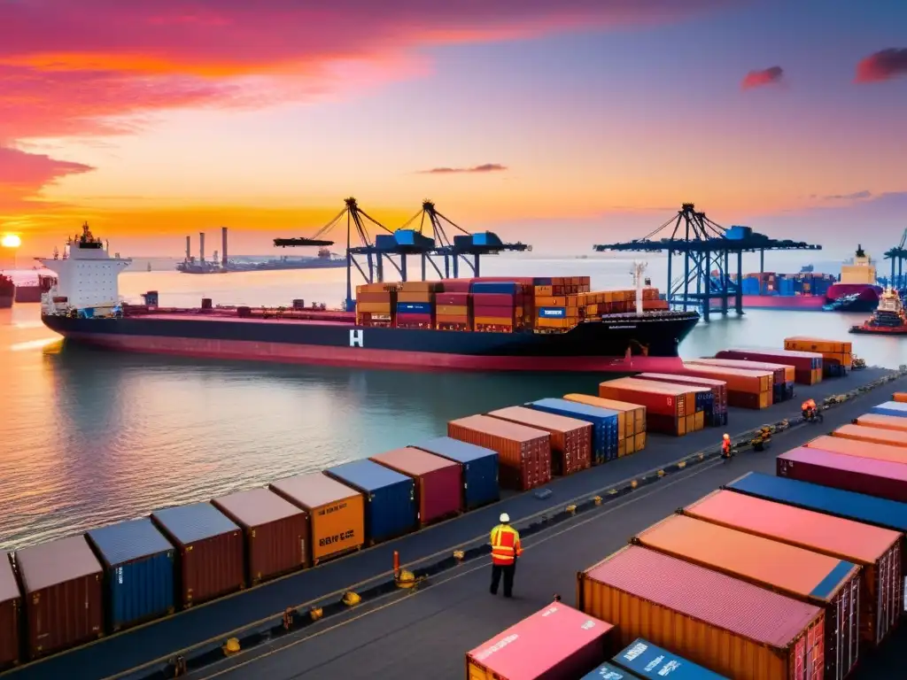 Una vista panorámica de un bullicioso puerto industrial al atardecer, con barcos de carga siendo cargados y descargados por trabajadores