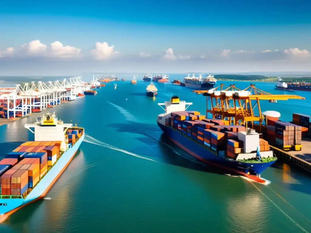 Vista panorámica del bullicioso puerto marítimo, con grúas, contenedores y actividad laboral, reflejando la evolución del transporte marítimo