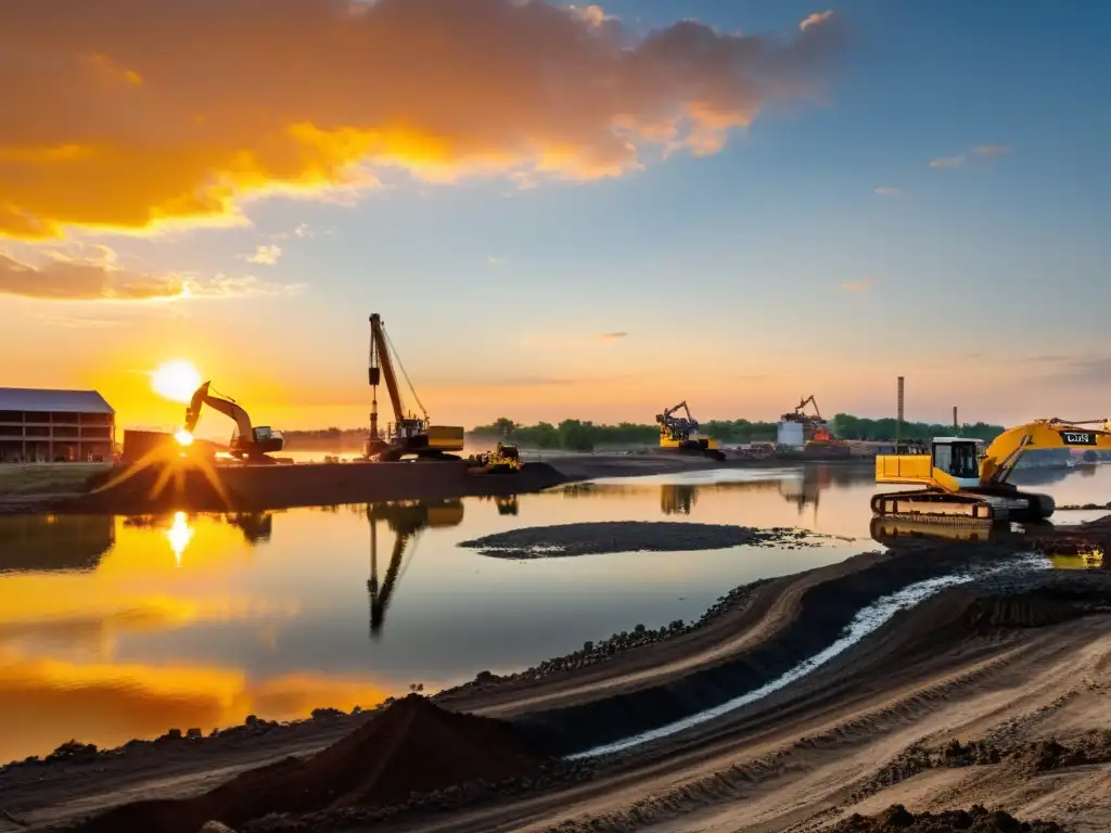 Vista panorámica de un bullicioso sitio de construcción a lo largo de un río, con maquinaria pesada creando canales de navegación al atardecer, reflejando el impacto ambiental de la obra