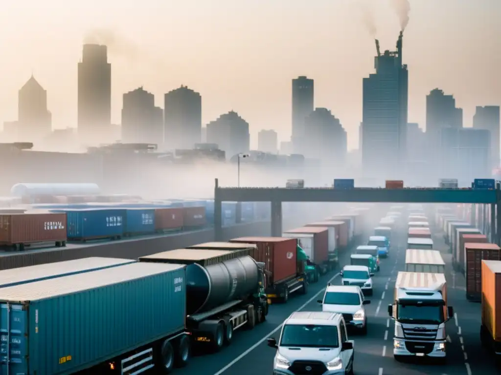 Vista panorámica de calle urbana con impacto ambiental del transporte frío en el cambio climático