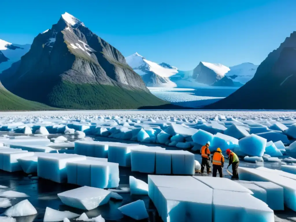 Vista panorámica de un campo de hielo noruego con trabajadores cosechando bloques de hielo