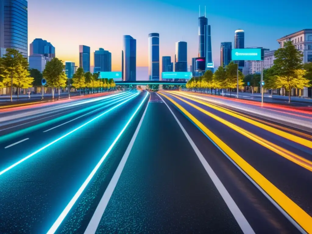 Vista panorámica de carreteras inteligentes, comunicación vehículos y tecnología innovadora en una ciudad futurista