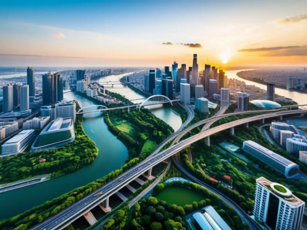 Vista panorámica de una ciudad dinámica, rodeada de naturaleza, reflejando la interconexión de la infraestructura urbana