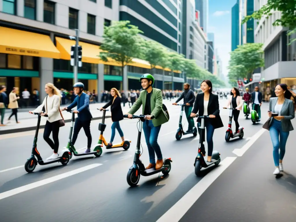 Vista panorámica de la ciudad con personas usando scooters eléctricos plegables para movilidad urbana, reflejando eficiencia y sostenibilidad