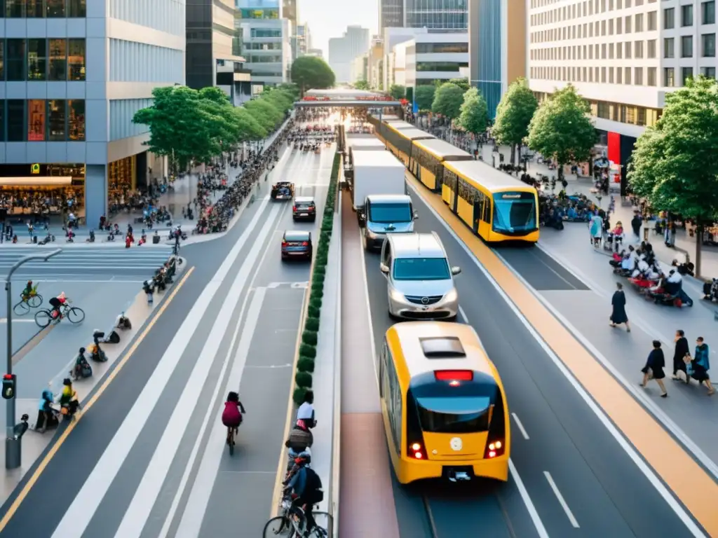 Vista panorámica de la ciudad con transporte inclusivo para movilidad urbana