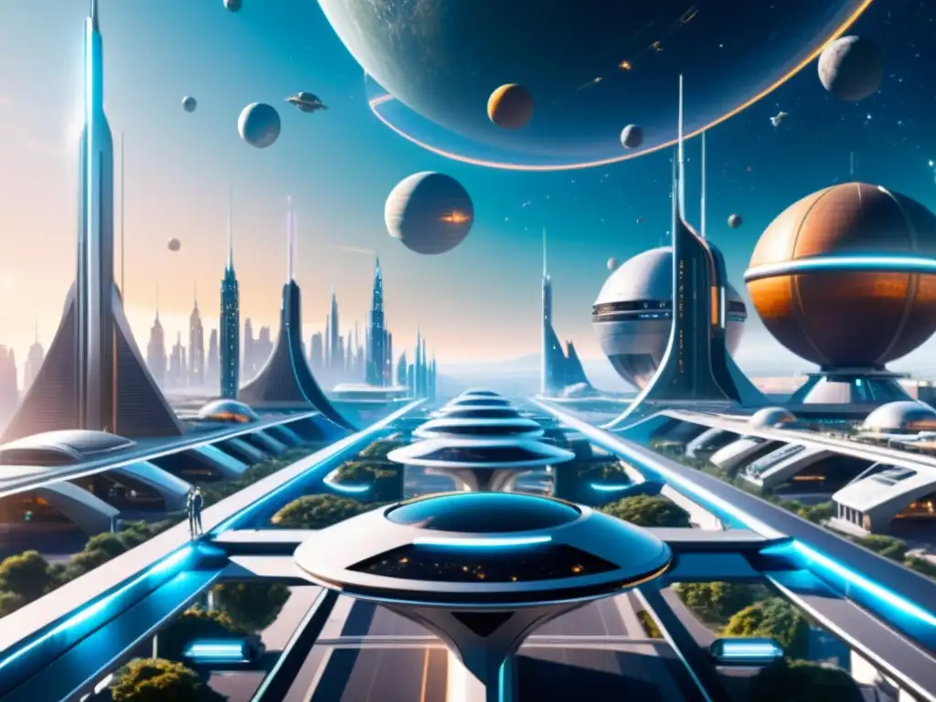 Vista panorámica de una colonia espacial futurista, con estructuras metálicas y actividad constante