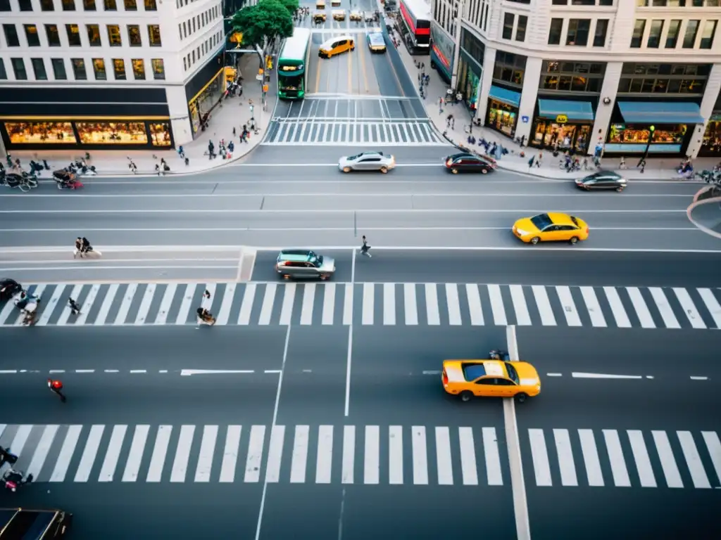 Vista panorámica de una concurrida intersección en la ciudad, con tráfico y peatones en movimiento