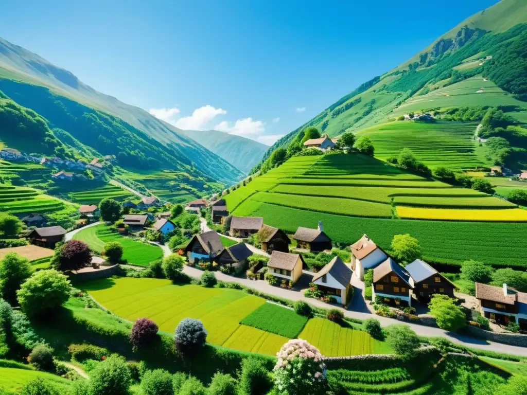 Vista panorámica de un encantador pueblo sin coches, con calles empedradas, jardines floridos y vehículos eléctricos