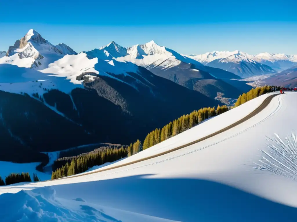 Vista panorámica de estaciones de esquí, transporte especializado, montañas nevadas y esquiadores disfrutando de la nieve fresca