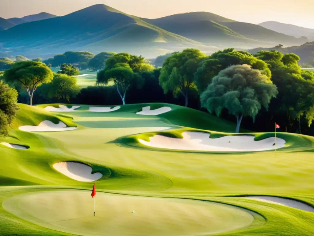 Vista panorámica de un exuberante campo de golf al atardecer