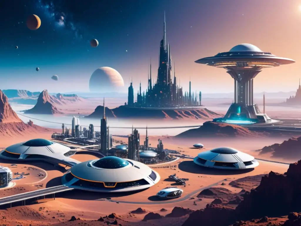 Vista panorámica de una futurista colonia espacial con robótica en infraestructuras espaciales, drones y brazos robóticos en acción