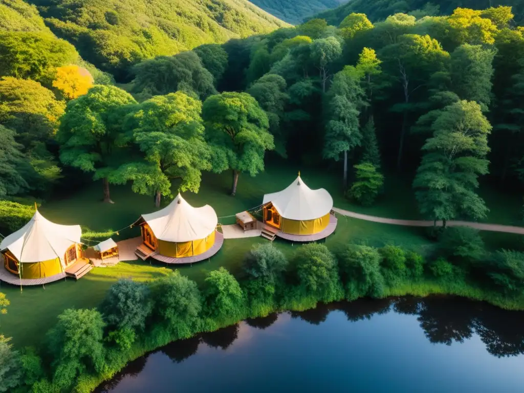 Una vista panorámica impresionante de un lujoso glamping de alta gama en medio de la naturaleza