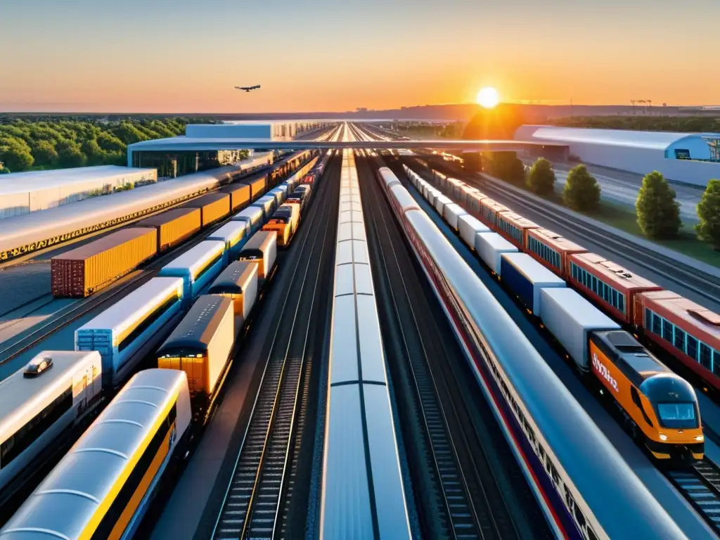 Vista panorámica de infraestructuras de transporte integradas, con trenes, autobuses y camiones convergiendo en un espectáculo sincronizado de conectividad intermodal al atardecer