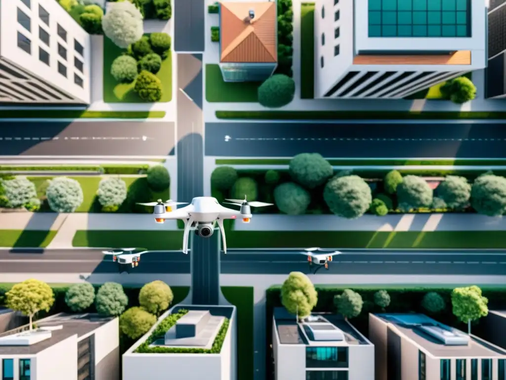 Vista panorámica de la integración de drones de última milla en la logística urbana, demostrando los beneficios de esta innovación tecnológica