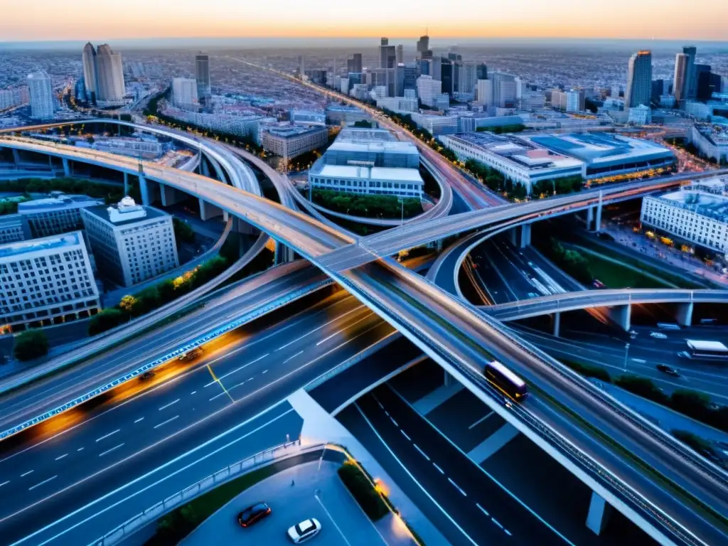 Vista panorámica de una intersección urbana bulliciosa, ilustrando el impacto de la legislación en el transporte urbano