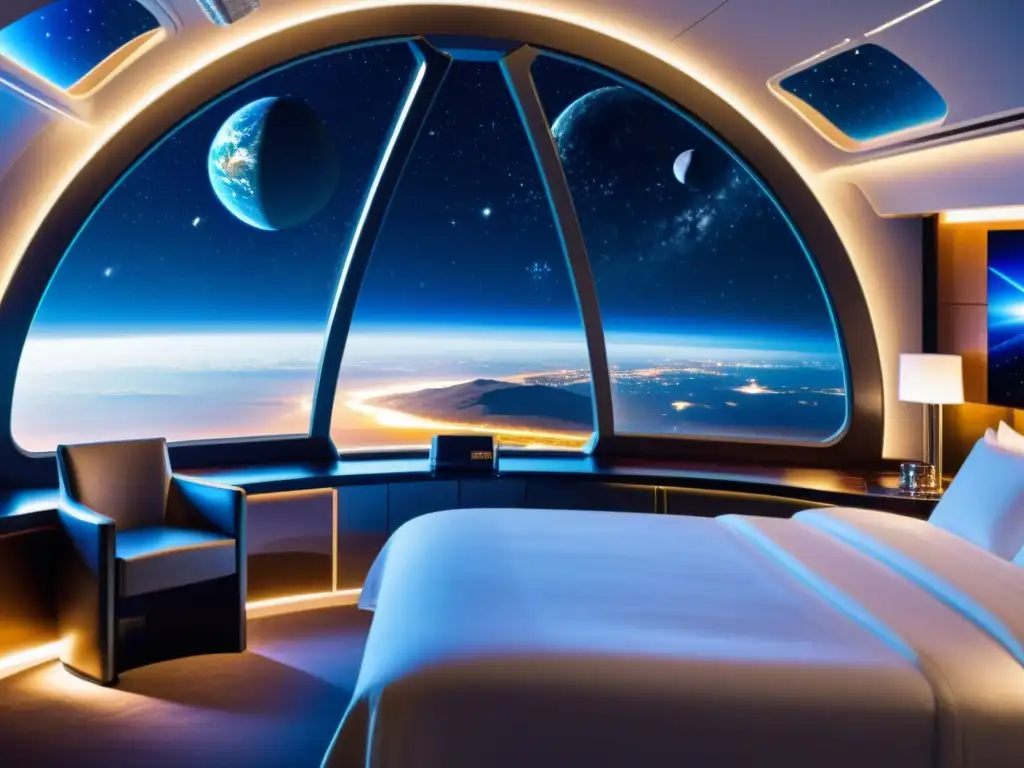 Vista panorámica del lujoso hotel espacial con diseño futurista y ventanas panorámicas, rodeado de estrellas y la atmósfera terrestre