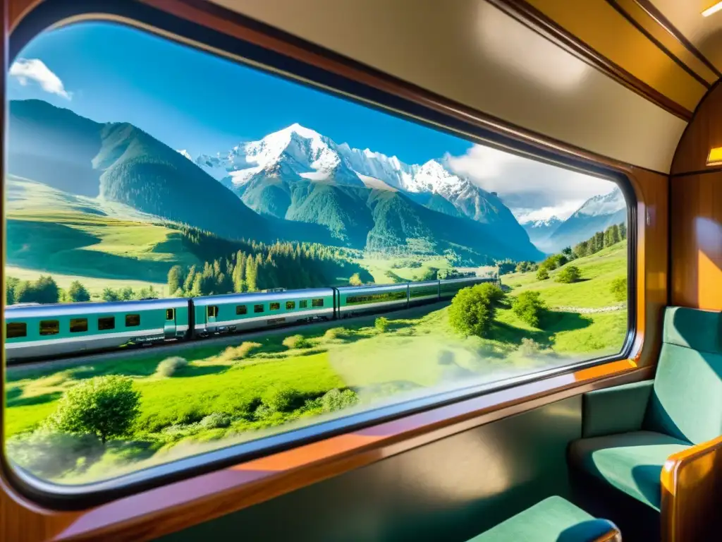 Vista panorámica desde un lujoso tren, paisajes de ensueño con montañas nevadas, valles verdes y vías de tren