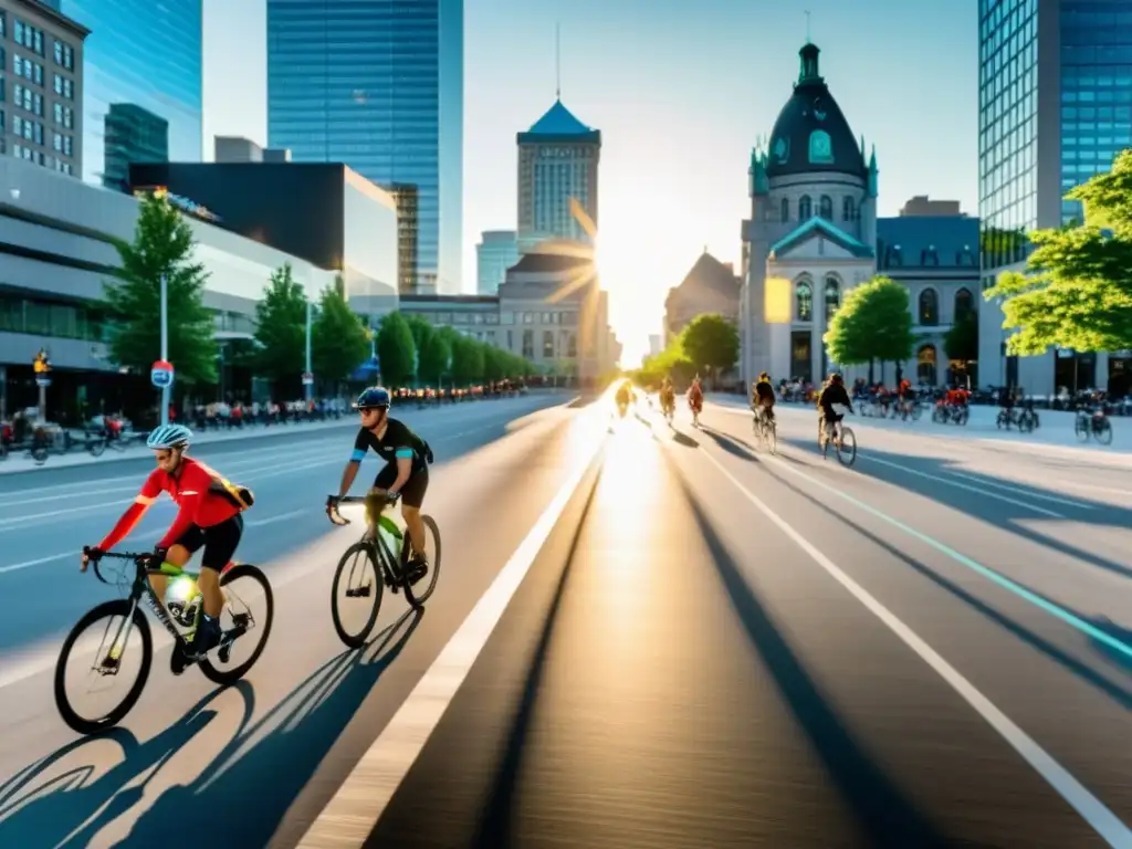 Vista panorámica de Montreal con ciclistas disfrutando de la red de bicisendas