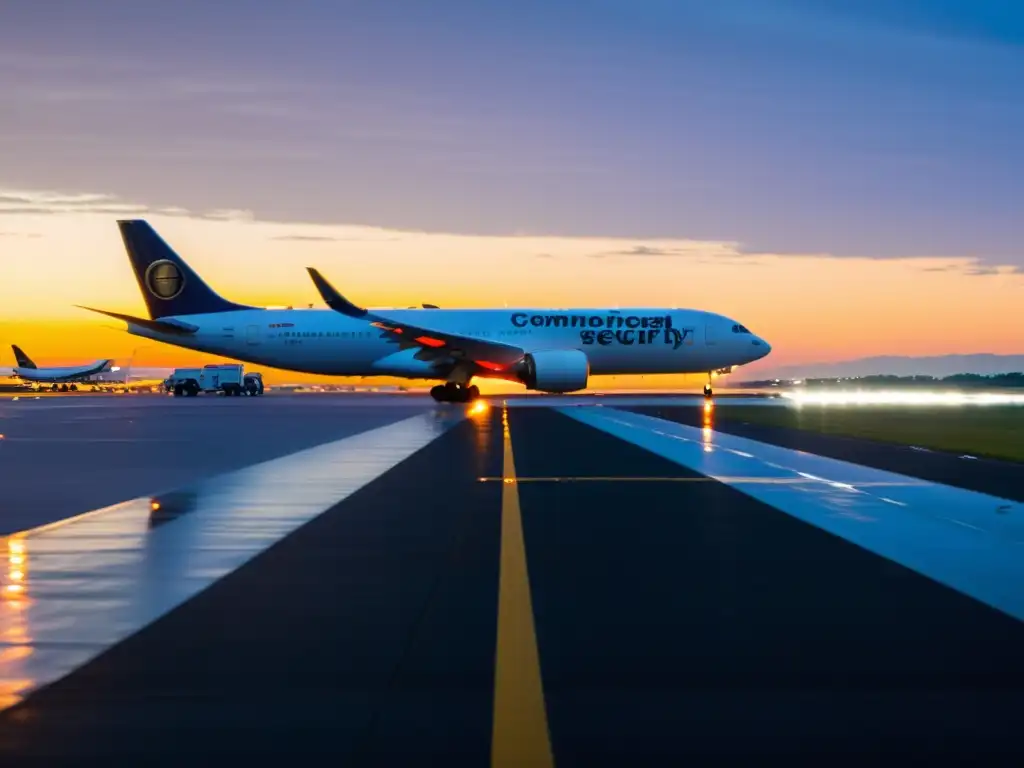 Vista panorámica de una pista de aterrizaje al anochecer, con un avión comercial aterrizando a lo lejos