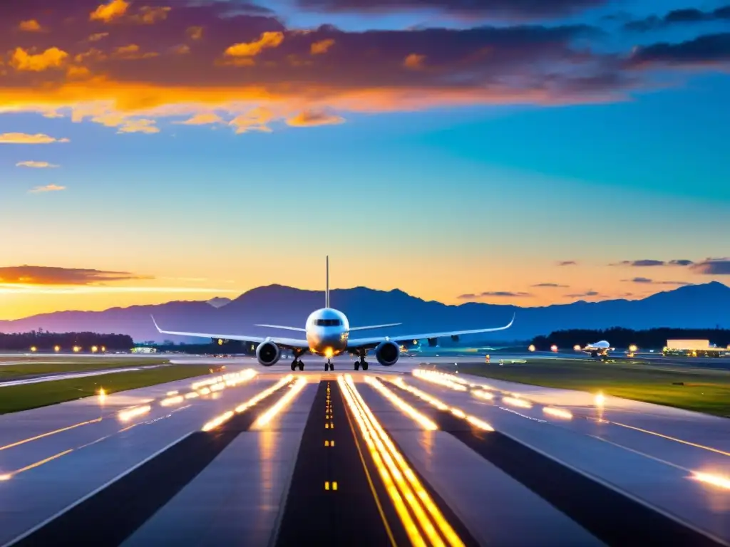 Vista panorámica de una pista de aterrizaje segura, con aviones comerciales y personal realizando controles de seguridad bajo un vibrante atardecer