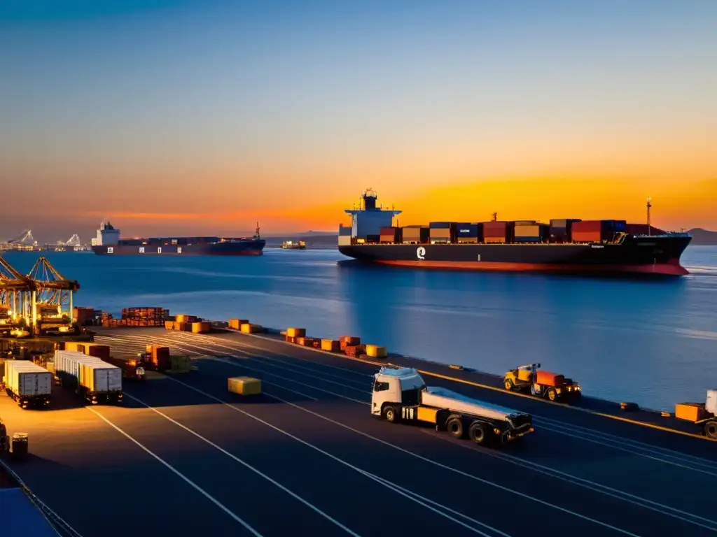 Vista panorámica de un puerto industrial bullicioso al anochecer, con barcos cargueros y contenedores de materiales peligrosos