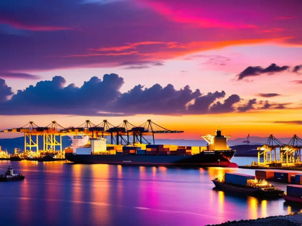 Vista panorámica de un puerto industrial bullicioso al atardecer, destacando el monitoreo en tiempo real de mercancías peligrosas