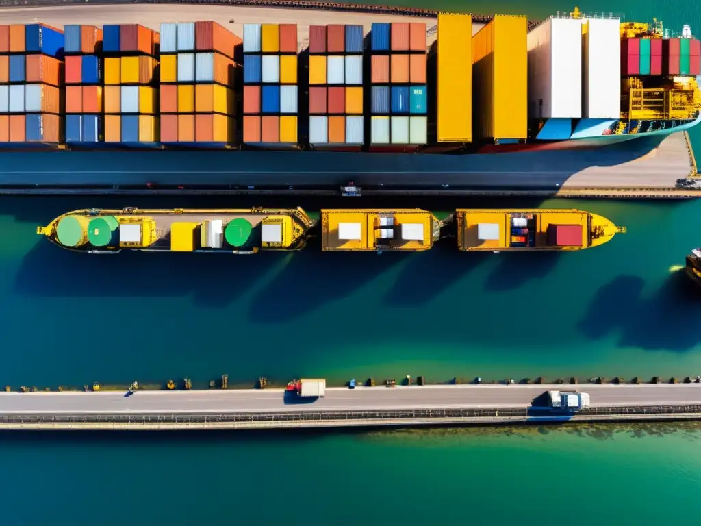 Vista panorámica de un puerto industrial, con carga de materiales peligrosos y estrictos protocolos de seguridad