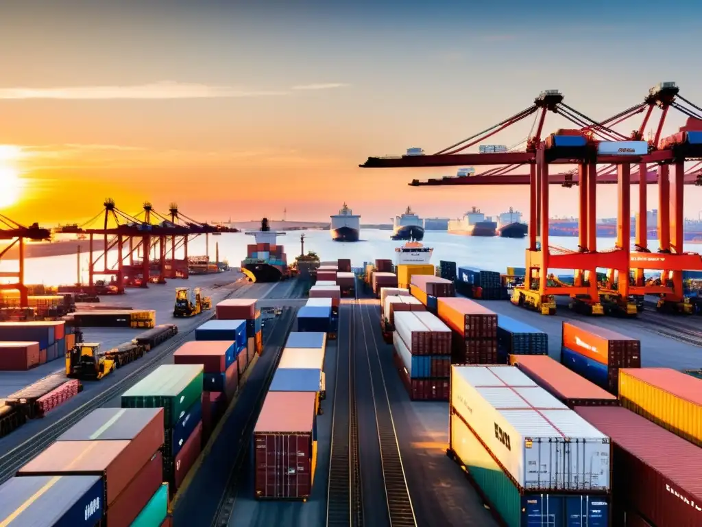 Puerto urbano al atardecer: logística eficiente y sostenible Vista panorámica del puerto urbano con actividad intensa, destacando la sostenibilidad en transporte de mercancías