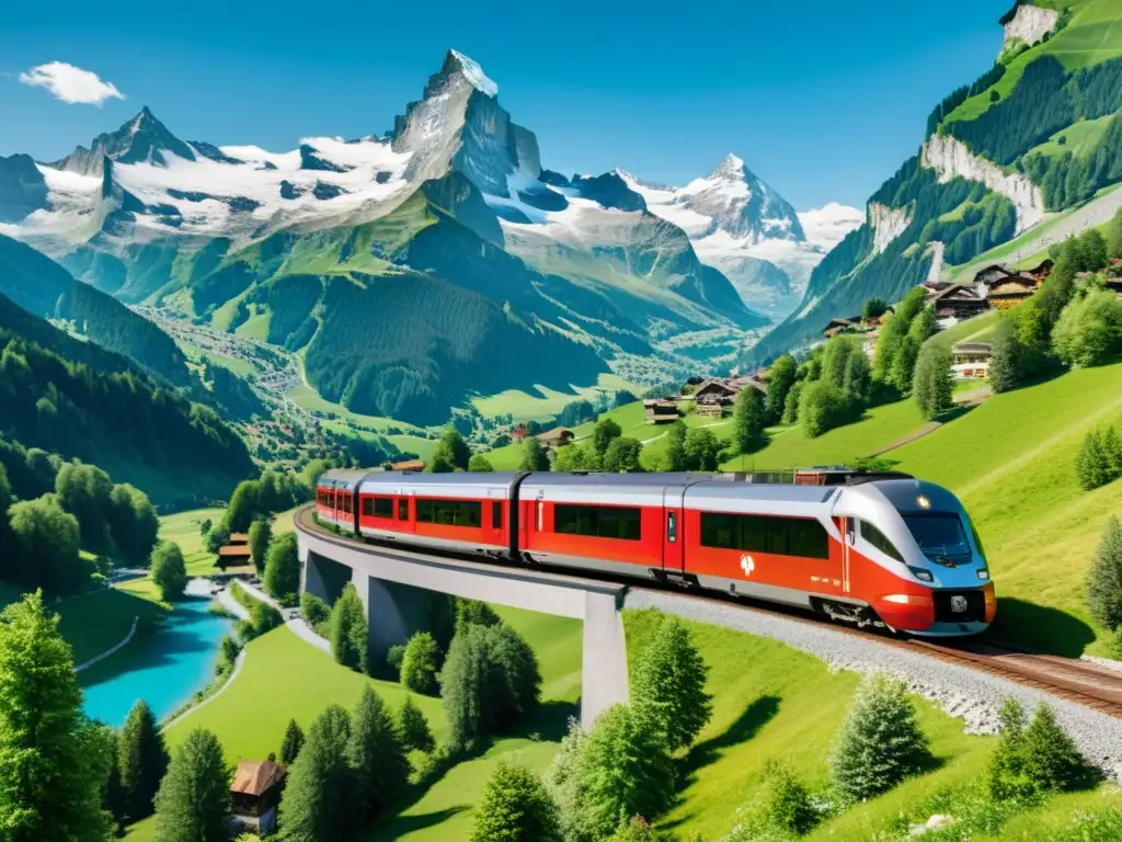 Vista panorámica de tren en los Alpes Suizos, con montañas nevadas y valles verdes