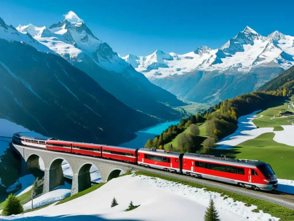 Vista panorámica del tren Bernina Express recorriendo los impresionantes Alpes nevados