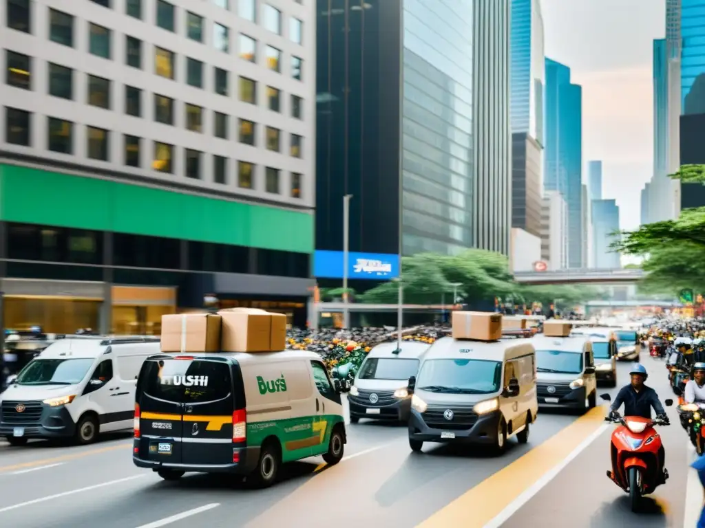 Vista de la evolución del transporte en la distribución de mercancías en una bulliciosa ciudad urbana durante la hora pico