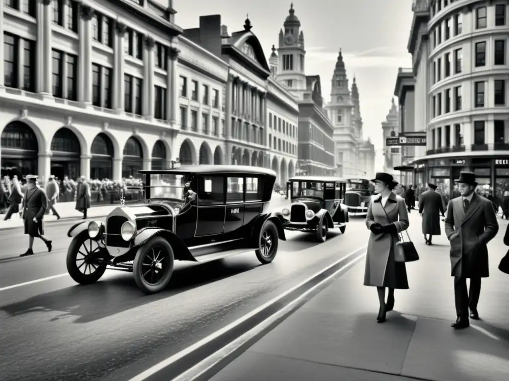 Vista de la evolución del transporte urbano a lo largo de la historia, con una bulliciosa calle de la ciudad en blanco y negro, mostrando una variedad de vehículos antiguos y modernos, así como peatones en atuendos de época