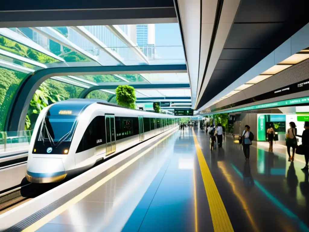 Vista de una megaestación ultramoderna, con múltiples niveles y plataformas, integrando trenes, buses, subterráneos y pods de transporte futuristas