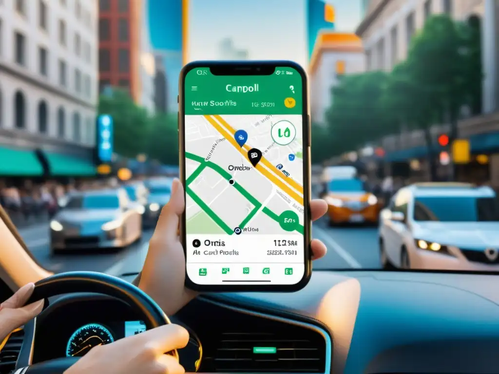 Vista urbana con app de carpooling en smartphone: integración tecnológica en transporte urbano