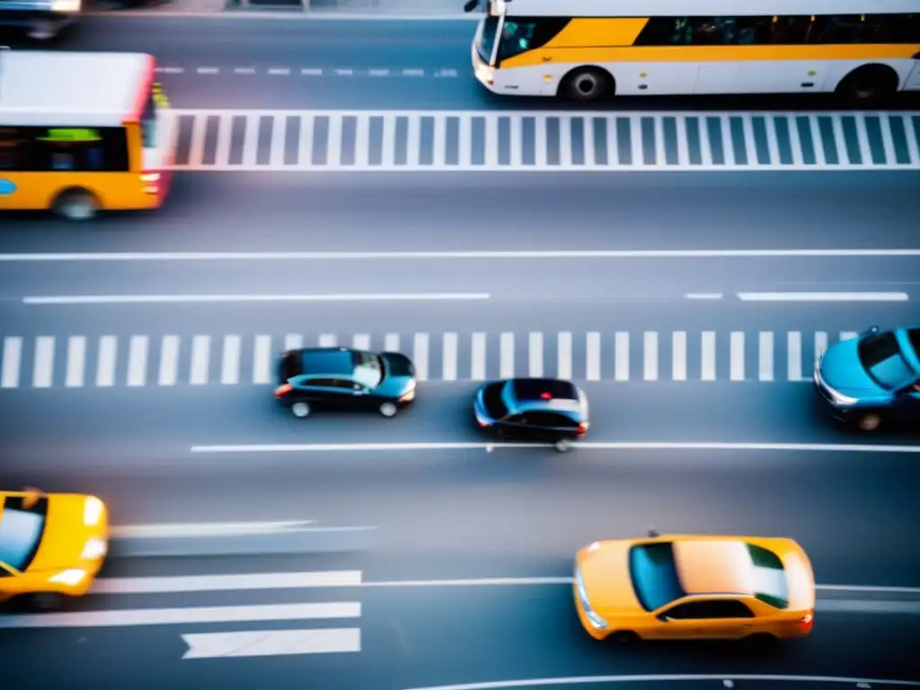 Vista urbana caótica con tráfico intenso y diversos medios de transporte, reflejando la necesidad de gestión de riesgos en transporte