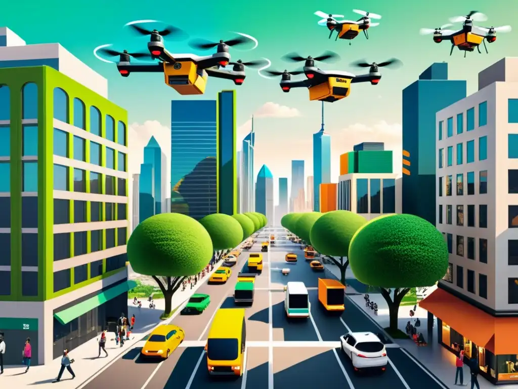 Vista urbana con drones de entrega, rascacielos, calles transitadas y un ambiente de eficiencia y tecnología