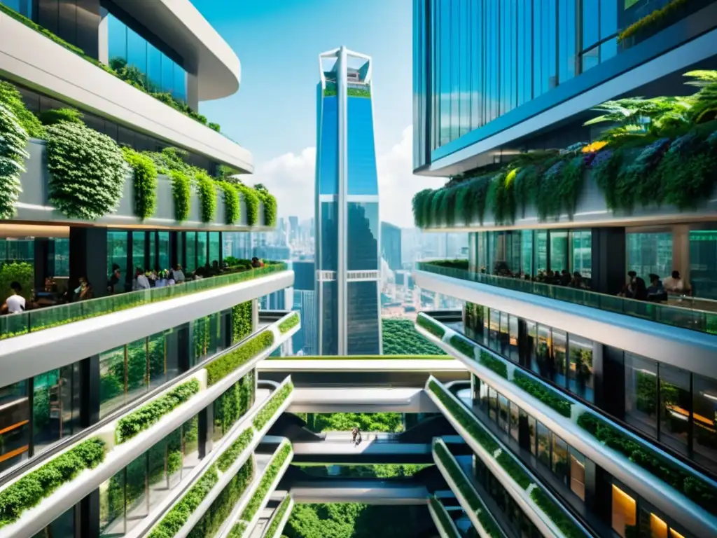 Vista urbana futurista con ascensores y escaleras mecánicas innovadoras entre rascacielos verdes al atardecer